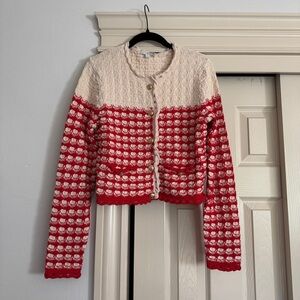 Viral J Crew Red and Cream Crochet Knit Cardigan